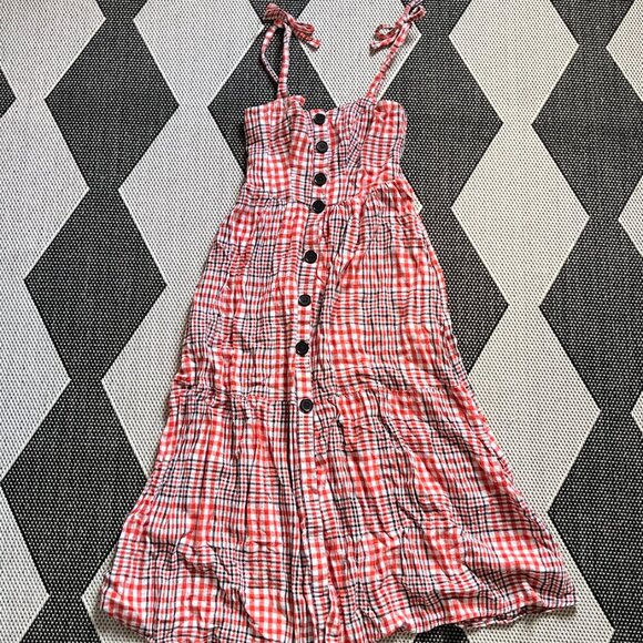 UO Positano Tie-Shoulder Midi Dress - Red Plaid Button Down Dress with Pockets - Picture 9 of 12